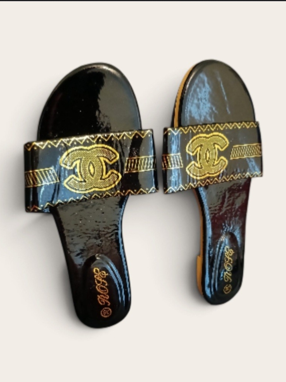 & Other Stories Black Patent Slide Sandals with Gold Embroidery